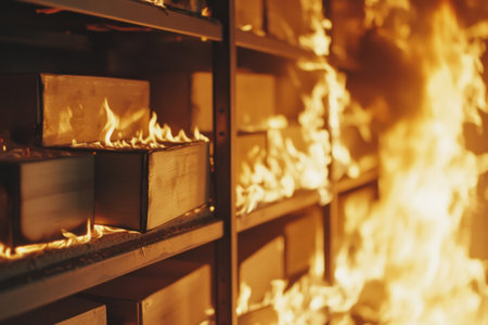 A close-up of the flames in an office room with fireproof walls and rows of wooden boxes on shelves, all set ablaze. The focus is on one box that's being warped by the heat as it rises from under its bottom edge, indicating warmth emanating through the material. This scene conveys intense emotion, emphasizing impact, depth, and realism. --ar 3:2 --v 6.1 Job ID: c6efb297-5c8b-47da-b4d5-4a2c85666ea7の素材