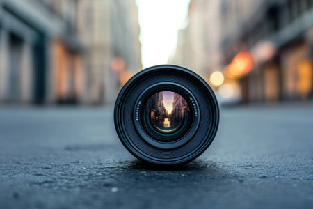 A camera lens on the ground with a blurred background of an urban street, showcasing its sharp focus and detailed view through it. The lens is positioned at one end of the frame, creating depth to highlight perspective in photography. --ar 3:2 --v 6.1 Job ID: 6ef51ec9-c0f3-4d6f-9811-34b15aa9ee8dの素材