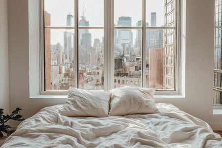 A simple bedroom with white walls and a large window, featuring an unmade bed with crisp linens and two pillows on it. The focus is on the bed in front of the window, creating a serene atmosphere for restful sleep. White background, blurred cityscape outside the window. Natural light streaming through the windows casting gentle shadows across the room. Soft pastel tones adding to the peaceful ambiance. A tranquil morning scene. --ar 3:2 --v 6.1 Job ID: 62af8a2a-b8a2-4389-9b04-19db30ecaae4の素材