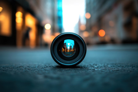 A camera lens on the ground with a blurred background of an urban street, showcasing its sharp focus and detailed view through it. The lens is positioned at one end of the frame, creating depth to highlight perspective in photography. --ar 3:2 --v 6.1 Job ID: 6ef51ec9-c0f3-4d6f-9811-34b15aa9ee8dの素材
