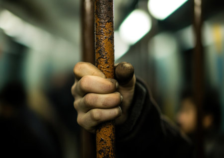 Close-up of subway handrails, with a blurry background in the interior space of an Asian train carriage, featuring black and white color tones. The focus is on one hand gripping the rusty handrail. In the foreground, you can see blurred people inside the car, illuminated by soft lighting. --ar 7:5 --v 6.1 Job ID: 78e1501b-8944-4101-b54c-53ffd7812f18の素材