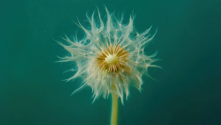 Close-up of a dandelion on a blue-green background, macro photography, stock photo style, shallow depth of field, focus stacking. --ar 53:30 --v 6.1 Job ID: d15b0d23-fea9-4d6c-b1e2-95a03c2f3511の素材
