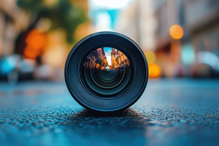 Close-up of a camera lens on asphalt, with a blurred background showing a city street view. This image represents the concept of professional photography. The high-resolution photograph was taken with natural lighting, resulting in a high-quality image, captured using a Canon EOS-1D X Mark III camera with a wide-angle lens at f/5.6. --ar 3:2 --v 6.1 Job ID: 75f0aa0e-b81f-4a3e-b36c-4d4bbdda5683の素材