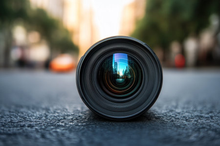 Close-up of a camera lens on asphalt, with a blurred background showing a city street view. This image represents the concept of professional photography. The high-resolution photograph was taken with natural lighting, resulting in a high-quality image, captured using a Canon EOS-1D X Mark III camera with a wide-angle lens at f/5.6. --ar 3:2 --v 6.1 Job ID: 75f0aa0e-b81f-4a3e-b36c-4d4bbdda5683の素材