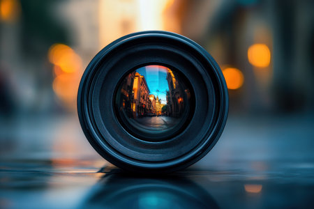 A camera lens with a reflection of the street, showcasing its wide-angle perspective and focus on capturing the scenery. The background is blurred to emphasize the central composition. --ar 3:2 --v 6.1 Job ID: 61ffde64-a671-4857-a7e1-68d7bd114394の素材