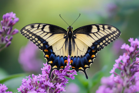 A close-up of an Eastern Tiger Swallowtail butterfly on purple milkweed flowers, with the background blurred to emphasize its wings and body, in natural daylight. The focus is sharp, highlighting details like black wing edges and yellow lines on white wings. In the distance, other butterflies can be seen fluttering around, adding depth to the scene. Photographed by Richard Bernabe. --ar 3:2 --v 6.1 Job ID: 13f08ae7-d14d-4635-a662-f848e48102a4の素材