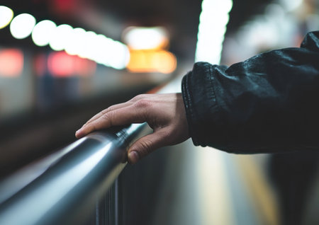 Close-up of a hand gripping a handrail on a subway, with a blurry background, a bokeh effect, and shallow depth of field. High-resolution photography. --ar 7:5 --v 6.1 Job ID: 43e3de91-3a0d-4361-a4d8-7cc0db1ed774の素材