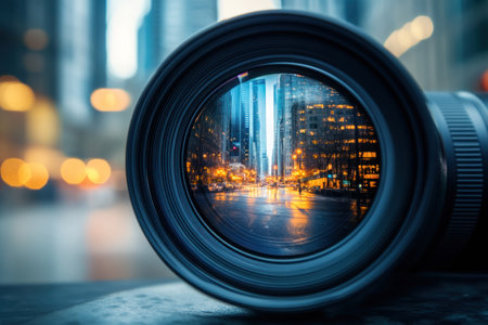 Photograph of a camera lens with the reflection of a city street, bokeh, shallow depth of field, and a tilt-shift effect. --ar 3:2 --v 6.1 Job ID: 6ce62128-28b5-4503-acee-67f6f4c26d0cの素材