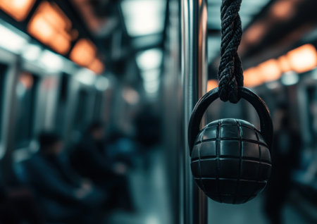 A close-up of the hand grenade handle on an empty subway car, with people in blurred motion behind it. The focus is on the metal ring and black rope hanging from one end, creating contrast against the soft lighting. This scene captures the tension between solitary reflection and the crowded public transportation. Shot with a Canon EOS R5 for high detail and sharpness, with natural light enhancing the textures and shadows. --ar 7:5 --v 6.1 Job ID: a2f7eaf0-927b-401b-b483-d8816b42ced9の素材
