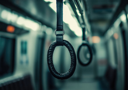 Close-up of a subway handrail, a black leather strap hanging from the ceiling in a Japanese train carriage. Blurred background. --ar 7:5 --v 6.1 Job ID: a4f9c0b1-b002-4cfc-b624-f4be44a4f7f5の素材