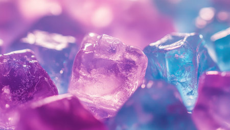 Close-up of ice cubes with vibrant colors, perfect for creating an enchanting and magical background. The colors include shades of purple, blue, and pink, adding to the overall visual appeal. --ar 53:30 --v 6.1 Job ID: f6a61d80-4c65-4b67-9b76-de75add84f3fの素材