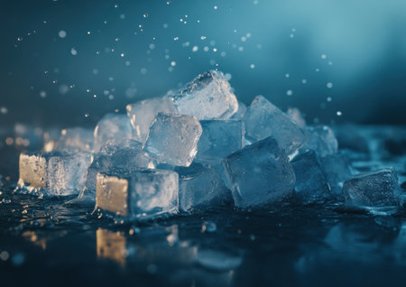 A pile of ice cubes on the table, with water droplets scattered around them, a blue background, high-definition photography, close-up shots, cool tones, ice cubes emitting cold air, water drops reflecting light and shadow, creating an atmosphere full of tranquility and freshness, in the style of [Artist name]. --ar 7:5 --v 6.1 Job ID: 2936e8ab-442a-4632-b65f-3e0b4e2c483fの素材
