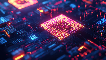 3D rendering of glowing neon lights and holographic QR code on a digital circuit board background. Digital technology concept, AI, web security. --ar 53:30 --v 6.1 Job ID: 6ca204a1-d7e9-41a1-8722-274b5cb3fb3eの素材