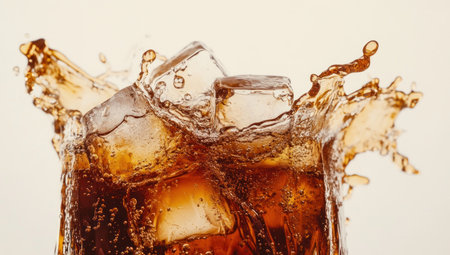 A person wears a brown liquid, with a splash of cola and ice cubes, against a white background. This high-resolution photography is insanely detailed, with fine details, resembling a stock photo. The image has professional color grading, appearing hyper-realistic, and is isolated on a solid white background. --ar 53:30 --v 6.1 Job ID: 0be13a50-e0b2-471d-987c-f11e728683b0の素材