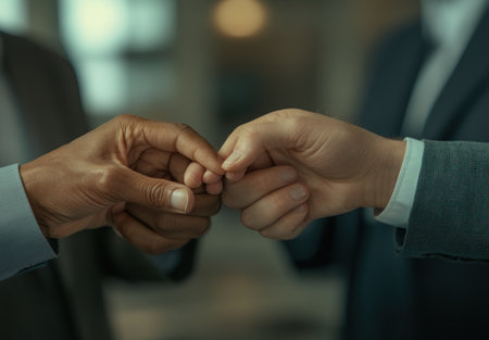 A photograph depicts hands held together in a circle, representing diverse people from different backgrounds. The focus is on the hand and finger structure, showcasing unity among them. The close-up shot features a blurred background, showing an office setting with business attire. The natural lighting creates soft shadows and highlights, emphasizing the textures and skin tones. The gesture conveys positivity and support. --ar 22:15 --v 6.1 Job ID: 10f3d535-482d-4d37-a6df-3987a2f48f03の素材