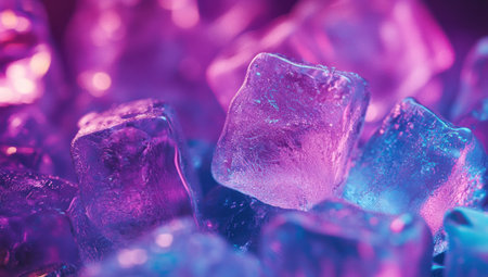 Ultra-realistic close-up of ice cubes, with a focus on the intricate details and textures of each cube, set against an abstract background that suggests vibrant colors like purple, blue, and pink, creating a surreal atmosphere. The lighting is soft yet vivid, highlighting every grain in detail. This composition evokes a sense of luxury and freshness, perfect for packaging design or advertising visuals. --ar 53:30 --v 6.1 Job ID: 25872b4f-9df4-4fee-a6d7-06872eefda1fの素材
