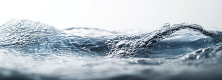 Close-up of abstract water ripples and bubbles on a light gray background with copy space, a water texture banner. Water wave pattern, sunlight reflection on the water surface, a clean and minimalistic modern design. Close-up view. Wide format. --ar 83:30 --v 6.1 Job ID: 424796e5-4633-4bcc-b9ea-70d8ce17dc49の素材