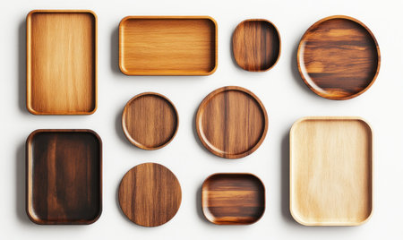 A set of wooden plates and tray designs, featuring simple shapes in various sizes. Vector illustration on a white background, with a Japanese-inspired style. High resolution, high quality, and high level of detail. Presented in a top-down, flat lay view with no shadows. --ar 5:3 --v 6.1 Job ID: 00ea54d7-4ca1-4b92-89f1-be5ce601b660の素材