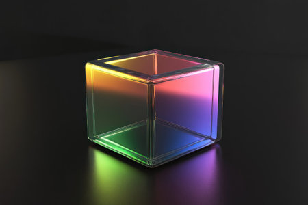 3D render of a glass cube with a rainbow gradient color on a dark background. Minimalist style, volumetric lighting, hyper-realistic, Octane rendering, high-resolution photography. --ar 3:2 --v 6.1 Job ID: 98b15821-c9e1-49e9-890f-ad30417f7f14の素材