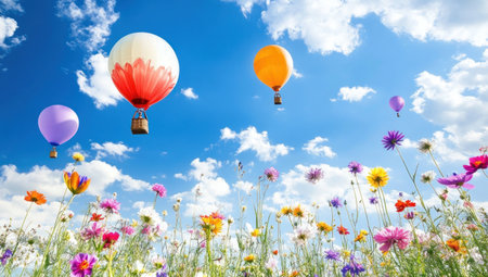 Colorful balloons floating in the air, surrounded by vibrant wildflowers under a blue sky with white clouds. --ar 53:30 --v 6.1 Job ID: b6ce548a-a025-4ef7-975d-b5635a1ebc61の素材