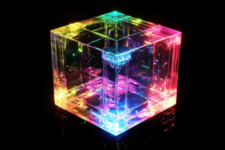 A glass cube with rainbow colors on a black background, in an isometric view, with translucent fluorescent, vibrant color scheme, glowing light effects, Octane rendering, and holographic projection. It features a simple composition with high saturation, showcasing the dazzling effect of colored lights inside the box. The cube exudes an ethereal glow as if it were made from crystal or other transparent materials. --ar 3:2 --v 6.1 Job ID: 135172b1-91a5-4a44-b406-9c8b95858019の素材