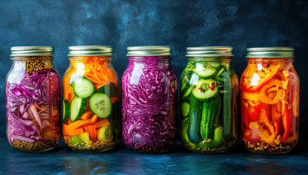 A row of colorful jars filled with pickled vegetables against an isolated dark blue wall, showcasing the variety and health benefits of natural coloring in home-made food. The jars' colors are bright and vivid, creating contrast on a uniform background. Each jar contains various marinated ingredients like cucumber slices, red cabbage, bell peppers, whole or sliced pink peppercorns, and floral patterns from sea salt. This scene emphasizes green living through the use of vibrant, natural colors. --ar 53:30 --v 6.1 Job ID: f9bdec50-0683-4f78-87af-c6b17a32142cの素材
