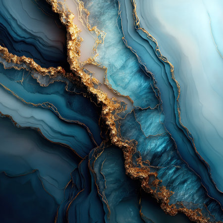 This artwork presents flowing abstract forms with a palette of blues and golds. The image showcases intricate vein-like patterns with varied textures and light effects. It may be suitable for a variety of projects, including designs, illustrations, and decorative applications. It also has potential use in print or digital media.の素材
