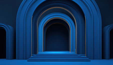 An abstract composition features a series of arched doorways in varying sizes, rendered in shades of blue with golden trim. The design includes steps leading into the structure. The lighting suggests an indoor setting. This image is suitable for artistic projects, design elements, or conceptual representations.の素材
