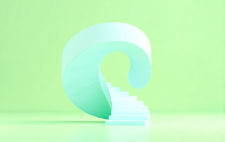 An abstract 3D shape, featuring a staircase element, is set against a soft green background. The image showcases gradients of light blue and white, suggesting a smooth texture. The composition utilizes overhead lighting. This graphic is suitable for various commercial uses, including website design and marketing materials.の素材