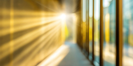 An abstract image depicts an indoor architectural space with vertical elements and a blurred perspective. The image is dominated by sunlight casting linear beams. The color palette includes shades of gold and green suggesting an outdoor environment. This visual is suitable for various commercial or editorial applications.の素材