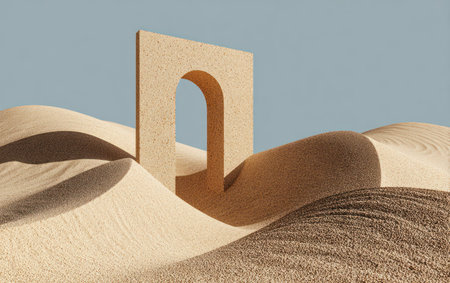 An artistic composition features a sandstone-colored archway set amidst undulating sand dunes under a clear blue sky. The scene is rendered with soft lighting, highlighting textures. This minimalist, stylized image might be suitable for various design applications, including advertising and editorial use, providing a versatile visual element.の素材