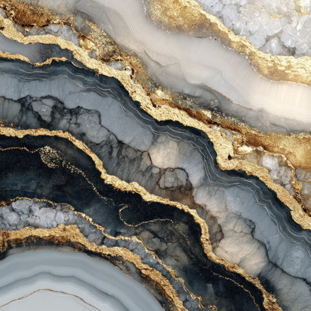 This artwork presents a close-up view of layered textures with gold accents and shades of gray. The composition features swirling patterns, suggestive of natural formations. It evokes a sense of depth through varied textures and lighting. Suitable for decorative art, graphic design, and artistic applications.の素材