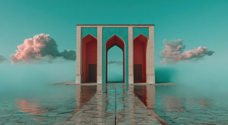An abstract structure featuring arched doorways is situated in a surreal environment. The artwork showcases soft color palettes of teal, red and white with reflections on a surface, possibly water. The composition is reminiscent of a dreamlike scene. Suitable for a variety of creative, artistic, or commercial purposes.の素材