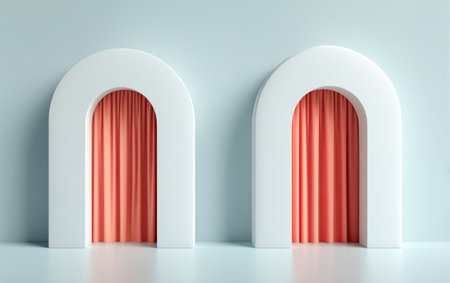 This image presents two white arched doorways each framing coral-colored curtains. The composition is clean and minimalist, set against a pale blue background and a light floor. The lighting suggests a studio environment. This image could be used for various design, decorative, or artistic purposes.の素材