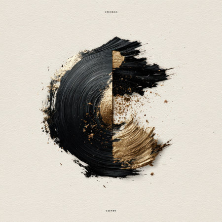 An abstract composition features a split design showcasing opposing color and texture. The artwork presents a division between dark and gold tones, rendered with brushstroke techniques. The texture suggests a handmade appearance, possibly created with paint or ink. This image is suitable for a variety of editorial or commercial purposes.の素材