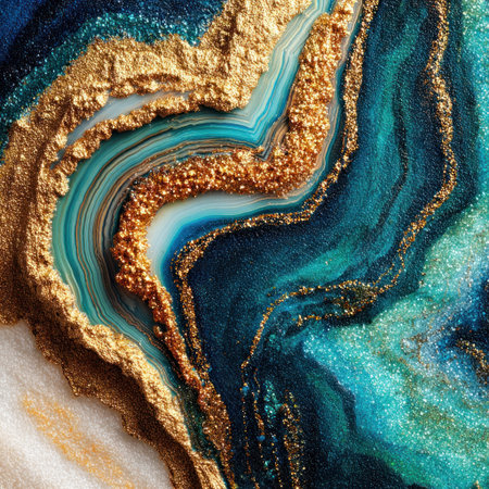An abstract artwork displays flowing patterns of gold and turquoise hues. The image features a textured surface, with contrasting colors and dynamic movement. It suggests a close-up view, possibly suitable for backgrounds, decorative elements, or designs related to luxury and elegance.の素材