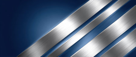 An abstract background presents diagonal silver bars against a blue gradient. The composition uses a modern style with metallic textures. The visual design is versatile for various commercial and editorial applications such as website backgrounds or print media.の素材