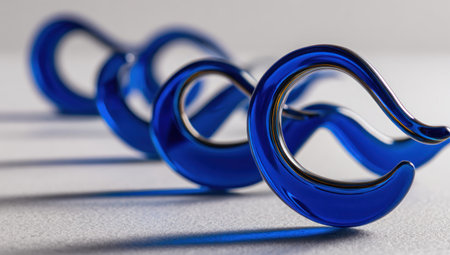 This image features several abstract blue loop shapes arranged in a row, with the foreground in sharp focus and the background blurred. The forms are glossy, reflecting light and creating a sense of depth against a neutral backdrop. Ideal for various creative projects, the image can be used for design, advertising, or editorial purposes.の素材