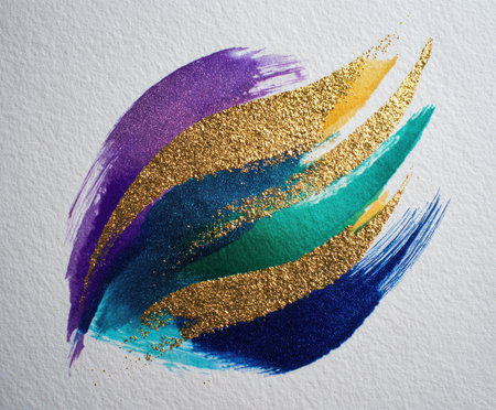 This image presents abstract brushstrokes in a variety of colors including gold, teal, purple and blue. The composition features a textured appearance, created by the layering of colors against a white backdrop. It could be suitable for various design projects, marketing materials, or editorial use.の素材