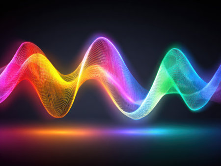 An abstract image showcases a brightly colored wave pattern, exhibiting a spectrum of hues including red, yellow, and blue. The dynamic lines are rendered with a digital artistic style against a dark backdrop. Suitable for various applications, this design may be used in creative projects or for commercial purposes.の素材