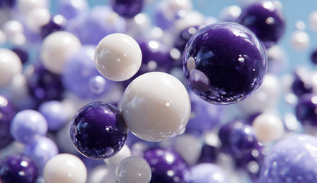 This image presents a collection of translucent spheres in varying sizes and shades of purple and white. The spheres appear to float against a blurred background, creating a sense of depth. The composition utilizes soft lighting and a shallow depth of field, suitable for design elements and visual storytelling in various commercial projects.の素材