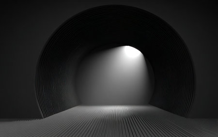An abstract illustration shows a dark tunnel with a bright light at its end. The composition features linear textures and a curved structure. The image uses grayscale tones to create depth and contrast, and employs lighting to emphasize the focal point. Suitable for various design projects and visual content.の素材