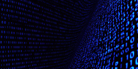 An abstract depiction showcases a flowing stream composed of binary code represented in blue. The image features a dark background, creating a visual contrast that highlights the data. This artwork is suitable for commercial use in technology-related projects, offering a representation of digital transformation and networks.の素材