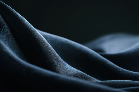 This image showcases a close-up of dark fabric with undulating folds. The material is a deep blue, with subtle variations in tone. The composition emphasizes the texture and curves. The lighting creates shadows, adding depth. It may be suitable for backgrounds or design elements.の素材