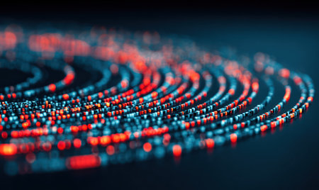 An abstract, digitally rendered image features a series of circular lines composed of glowing red and blue particles against a dark backdrop. The composition is in a shallow depth of field, with soft focus. Suitable for use in technology-related concepts and designs, or for illustrative purposes.の素材