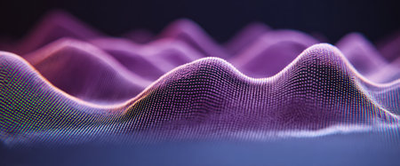 An abstract digital artwork depicts a dynamic landscape formed by countless interconnected dots. The image features a gradient of colors from blue to purple. This conceptual representation can be used for presentations and visual communications, possibly related to technology or data visualization.の素材
