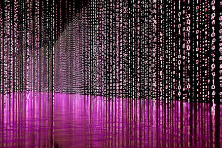 An artistic visualization presents a binary code stream cascading downwards, reflected by a vibrant purple surface. The composition showcases a dark, futuristic aesthetic with a strong emphasis on lines and patterns. This image may be suitable for illustrating themes related to technology, data, or digital concepts in various commercial contexts.の素材
