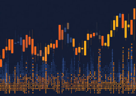 This graphic showcases an abstract financial chart featuring candlestick patterns and data visualization. The composition employs a dark background contrasted by orange and blue hues. This style is suitable for representing business, finance, or technology concepts. It can be used for various commercial or editorial applications.の素材