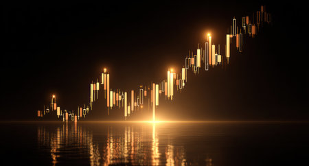 An illuminated candlestick chart ascends on a dark backdrop, suggesting growth and progress. The golden light reflects on a surface below. It is a graphic design with the potential for commercial use in finance or business presentations, demonstrating market trends and data visualization.の素材