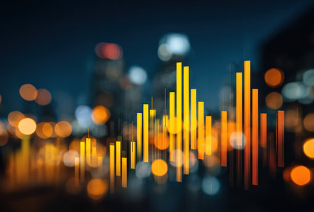 An abstract visualization of financial data displays golden bars over a blurry cityscape at night. The image uses bokeh effects, creating soft out-of-focus areas with orange and yellow tones. This graphic could be utilized in financial presentations or data analysis projects. The overall composition suggests a tech-oriented or business context.の素材